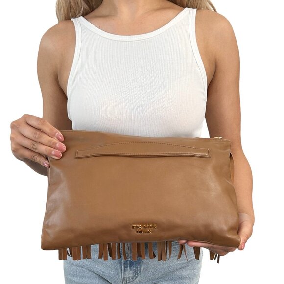 PRADA Vintage Logo Fringe Clutch Mini Bag Brown Gold Leather Zip RankAB [103333] - Picture 1 of 13